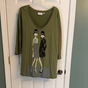 Avenue Olive Green Long-Sleeve V-Neck Tunic with Illustrated Women